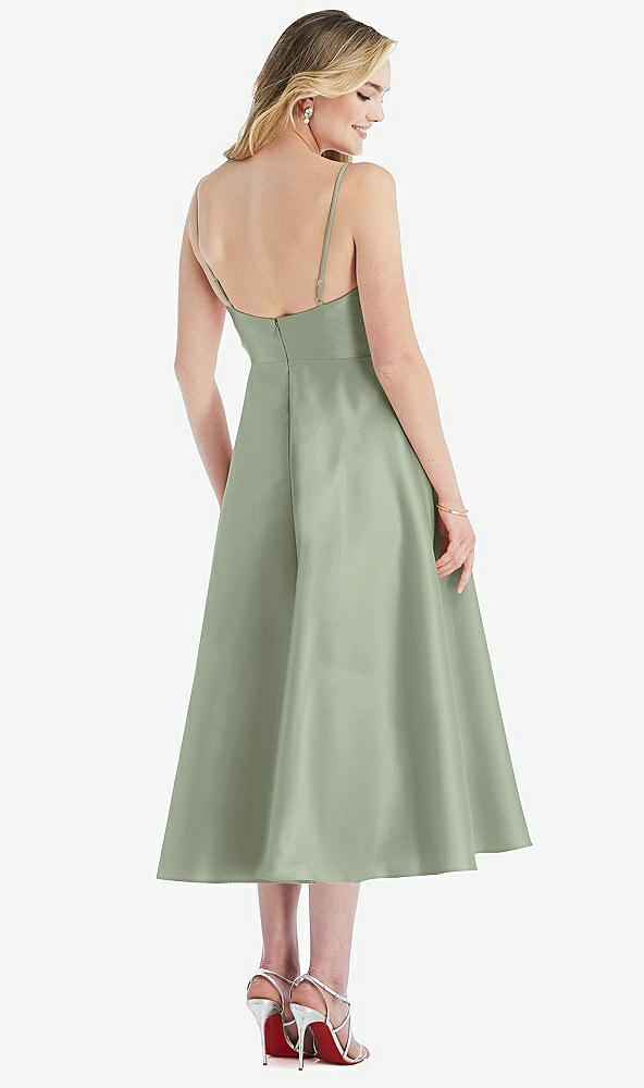 Back View - Sage Spaghetti Strap Full Skirt Satin Midi Dress