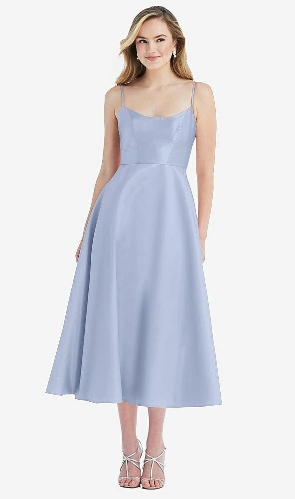 Front View - Sky Blue Spaghetti Strap Full Skirt Satin Midi Dress