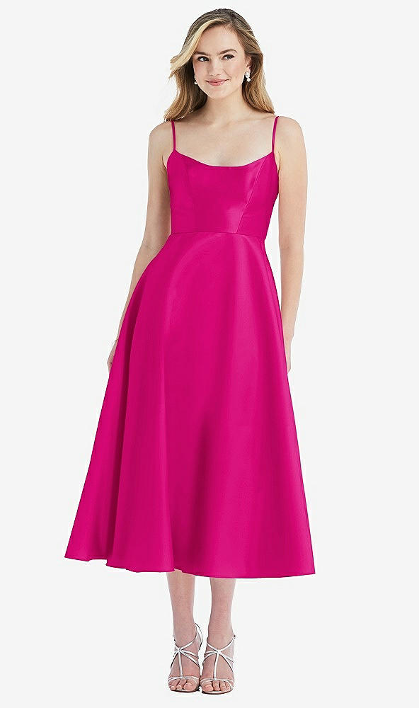 Front View - Think Pink Spaghetti Strap Full Skirt Satin Midi Dress
