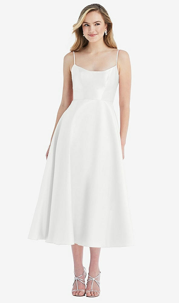 Front View - White Spaghetti Strap Full Skirt Satin Midi Dress
