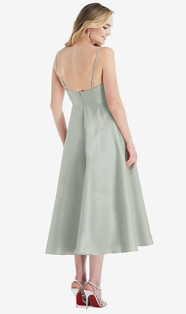 Back View - Willow Green Spaghetti Strap Full Skirt Satin Midi Dress