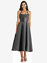 Front View Thumbnail - Pewter Tie-Neck Halter Full Skirt Satin Midi Dress