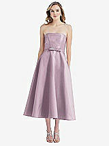 Front View Thumbnail - Suede Rose Strapless Bow-Waist Full Skirt Satin Midi Dress