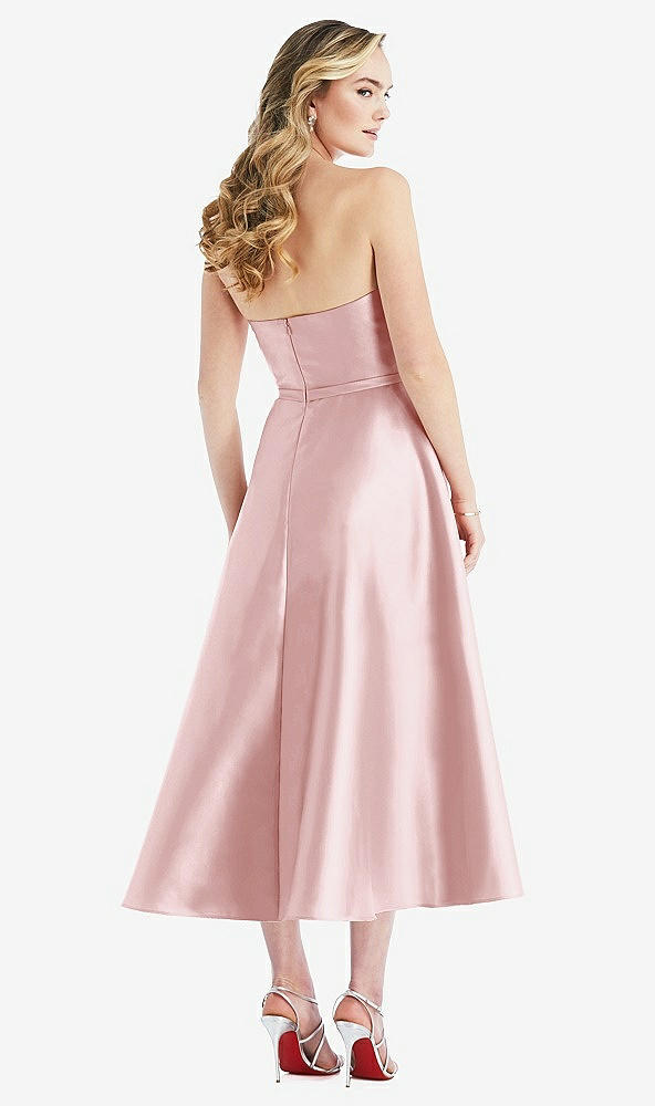 Back View - Ballet Pink Strapless Bow-Waist Full Skirt Satin Midi Dress