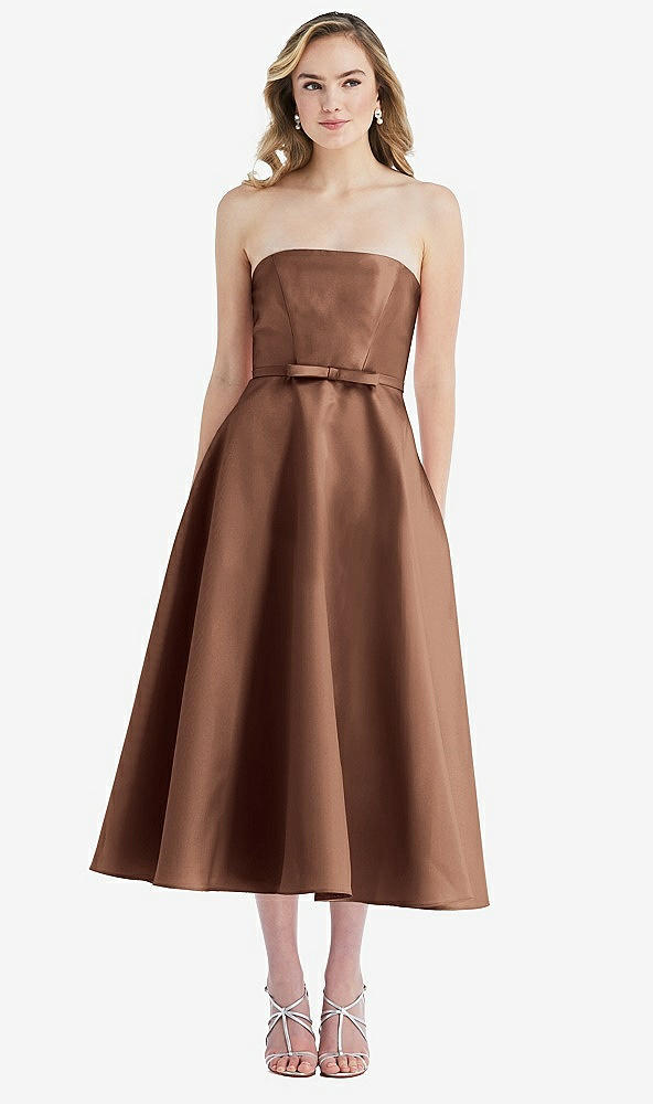 Front View - Cognac Strapless Bow-Waist Full Skirt Satin Midi Dress