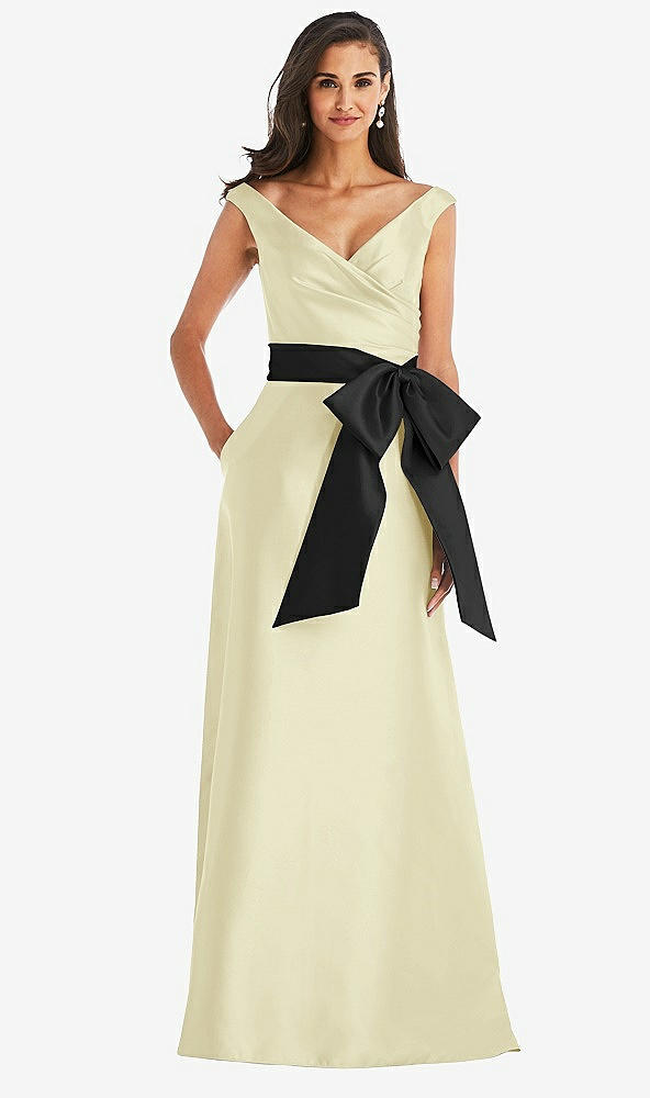 Front View - Butter Yellow & Black Off-the-Shoulder Bow-Waist Maxi Dress with Pockets