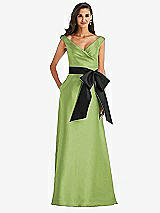 Front View Thumbnail - Mojito & Black Off-the-Shoulder Bow-Waist Maxi Dress with Pockets