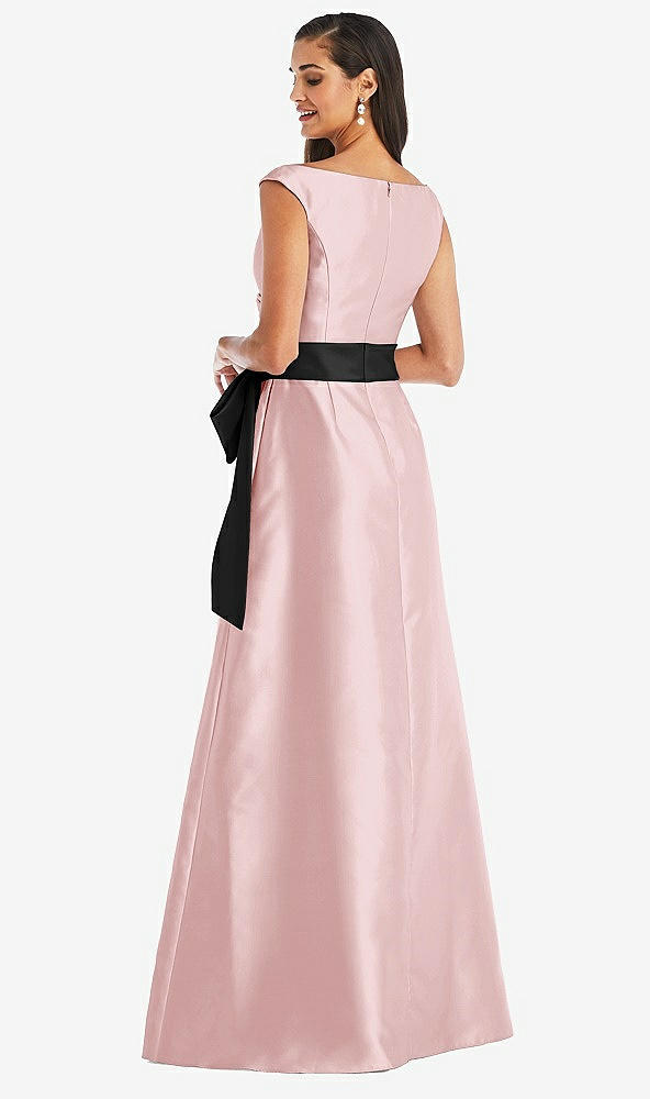 Back View - Ballet Pink & Black Off-the-Shoulder Bow-Waist Maxi Dress with Pockets