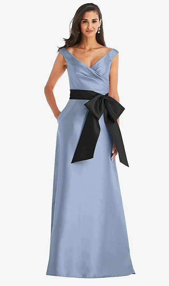 Front View - Cloudy & Black Off-the-Shoulder Bow-Waist Maxi Dress with Pockets
