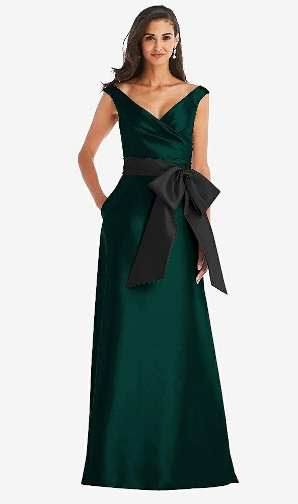 Front View - Evergreen & Black Off-the-Shoulder Bow-Waist Maxi Dress with Pockets