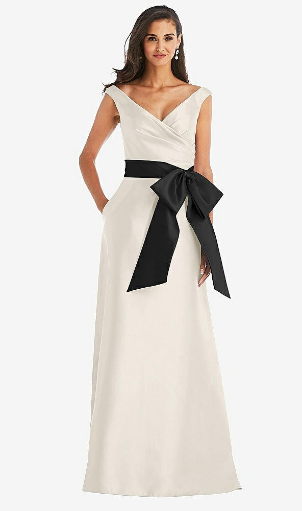 Front View - Ivory & Black Off-the-Shoulder Bow-Waist Maxi Dress with Pockets
