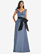 Front View Thumbnail - Larkspur Blue & Black Off-the-Shoulder Bow-Waist Maxi Dress with Pockets