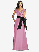 Front View Thumbnail - Powder Pink & Black Off-the-Shoulder Bow-Waist Maxi Dress with Pockets