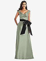 Front View Thumbnail - Sage & Black Off-the-Shoulder Bow-Waist Maxi Dress with Pockets