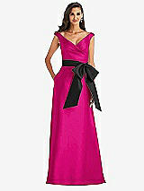 Front View Thumbnail - Think Pink & Black Off-the-Shoulder Bow-Waist Maxi Dress with Pockets
