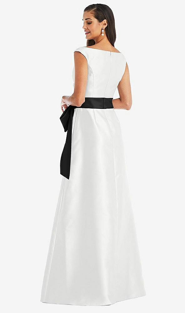 Back View - White & Black Off-the-Shoulder Bow-Waist Maxi Dress with Pockets