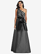 Front View Thumbnail - Pewter & Black One-Shoulder Bow-Waist Maxi Dress with Pockets