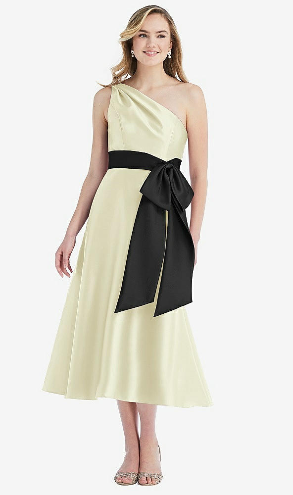 Front View - Butter Yellow & Black One-Shoulder Bow-Waist Midi Dress with Pockets