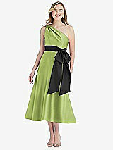 Front View Thumbnail - Mojito & Black One-Shoulder Bow-Waist Midi Dress with Pockets