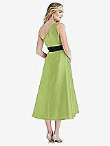 Rear View Thumbnail - Mojito & Black One-Shoulder Bow-Waist Midi Dress with Pockets