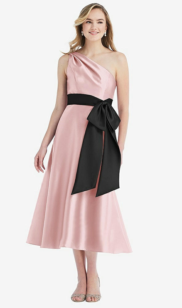 Front View - Ballet Pink & Black One-Shoulder Bow-Waist Midi Dress with Pockets