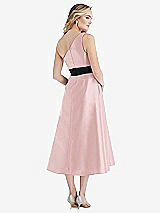 Rear View Thumbnail - Ballet Pink & Black One-Shoulder Bow-Waist Midi Dress with Pockets