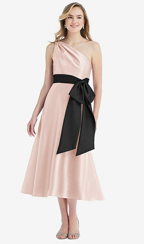 Front View - Blush & Black One-Shoulder Bow-Waist Midi Dress with Pockets