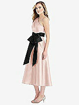Side View Thumbnail - Blush & Black One-Shoulder Bow-Waist Midi Dress with Pockets