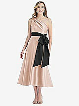 Front View Thumbnail - Cameo & Black One-Shoulder Bow-Waist Midi Dress with Pockets