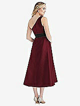 Rear View Thumbnail - Cabernet & Black One-Shoulder Bow-Waist Midi Dress with Pockets
