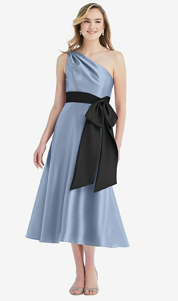 Front View - Cloudy & Black One-Shoulder Bow-Waist Midi Dress with Pockets
