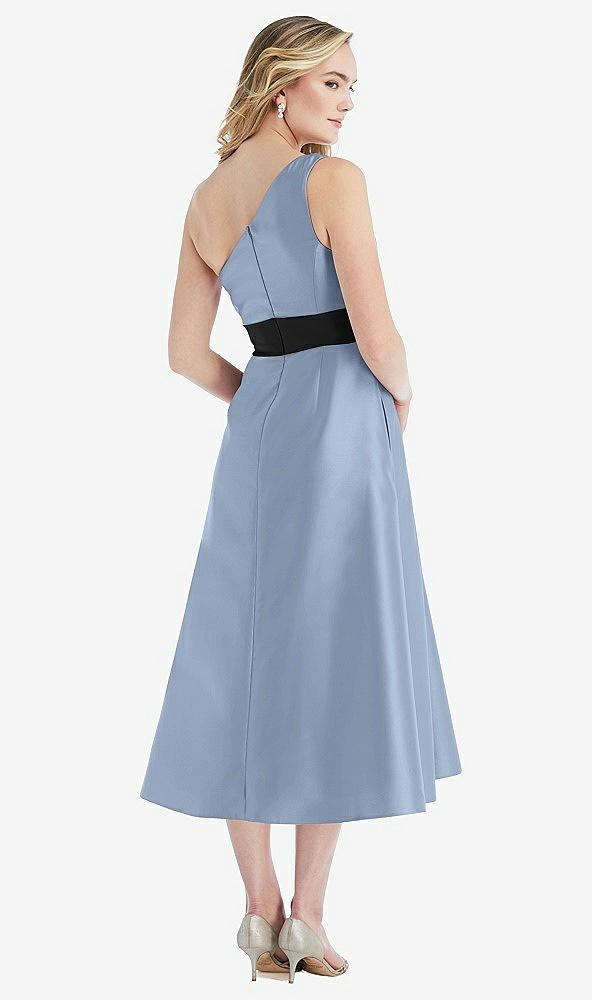 Back View - Cloudy & Black One-Shoulder Bow-Waist Midi Dress with Pockets