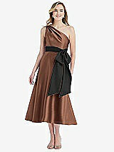 Front View Thumbnail - Cognac & Black One-Shoulder Bow-Waist Midi Dress with Pockets