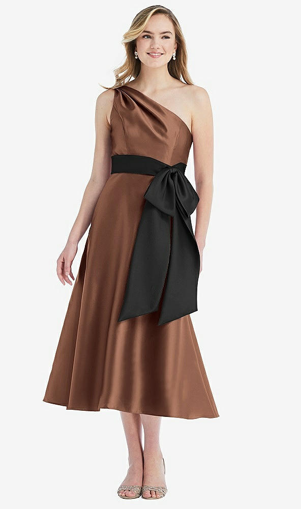 Front View - Cognac & Black One-Shoulder Bow-Waist Midi Dress with Pockets