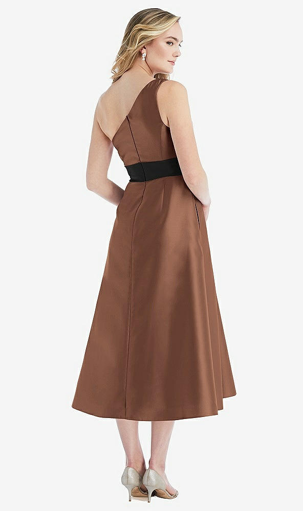 Back View - Cognac & Black One-Shoulder Bow-Waist Midi Dress with Pockets