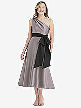 Front View Thumbnail - Cashmere Gray & Black One-Shoulder Bow-Waist Midi Dress with Pockets
