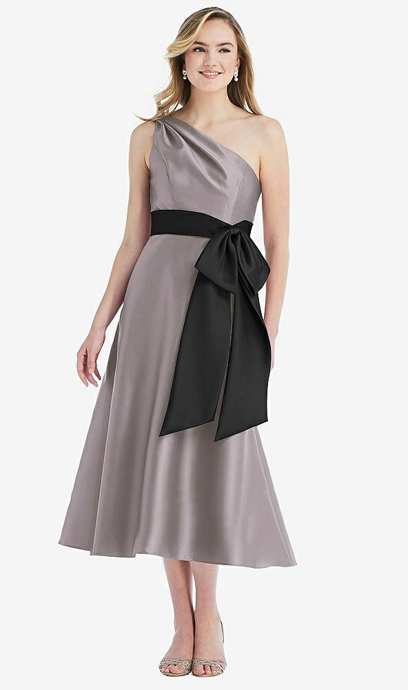 Front View - Cashmere Gray & Black One-Shoulder Bow-Waist Midi Dress with Pockets
