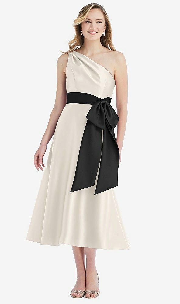 Front View - Ivory & Black One-Shoulder Bow-Waist Midi Dress with Pockets