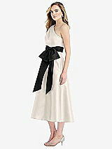 Side View Thumbnail - Ivory & Black One-Shoulder Bow-Waist Midi Dress with Pockets