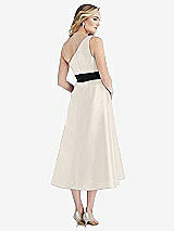 Rear View Thumbnail - Ivory & Black One-Shoulder Bow-Waist Midi Dress with Pockets
