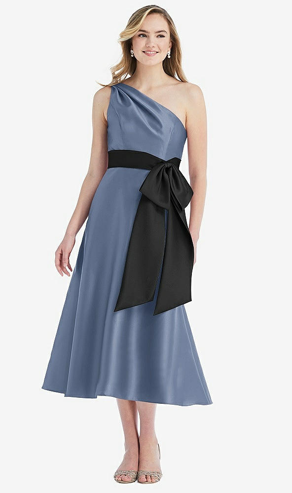 Front View - Larkspur Blue & Black One-Shoulder Bow-Waist Midi Dress with Pockets