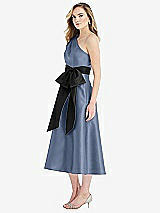 Side View Thumbnail - Larkspur Blue & Black One-Shoulder Bow-Waist Midi Dress with Pockets