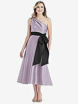 Front View Thumbnail - Lilac Haze & Black One-Shoulder Bow-Waist Midi Dress with Pockets