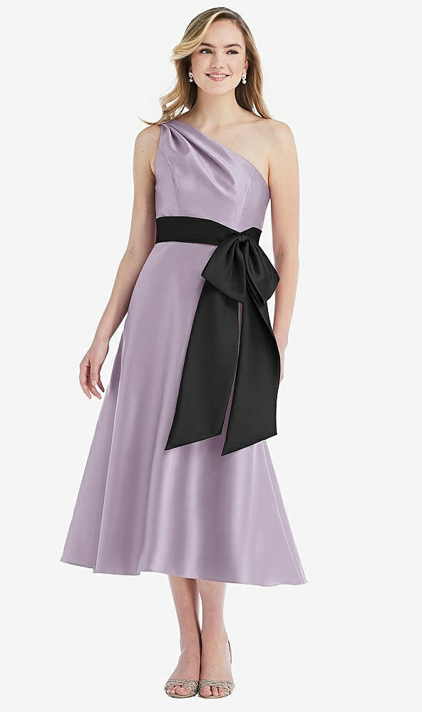 Front View - Lilac Haze & Black One-Shoulder Bow-Waist Midi Dress with Pockets