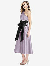 Side View Thumbnail - Lilac Haze & Black One-Shoulder Bow-Waist Midi Dress with Pockets