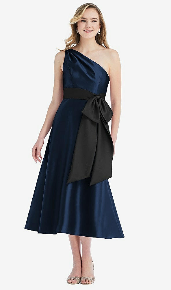 Front View - Midnight Navy & Black One-Shoulder Bow-Waist Midi Dress with Pockets