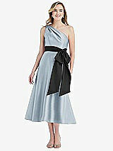 Front View Thumbnail - Mist & Black One-Shoulder Bow-Waist Midi Dress with Pockets