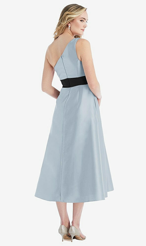 Back View - Mist & Black One-Shoulder Bow-Waist Midi Dress with Pockets