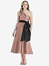 Front View Thumbnail - Neu Nude & Black One-Shoulder Bow-Waist Midi Dress with Pockets