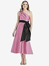 Front View Thumbnail - Powder Pink & Black One-Shoulder Bow-Waist Midi Dress with Pockets